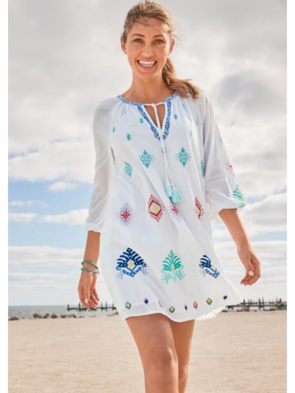 Tommy Bahama Watercolor Embroidered Tunic Dress Cotton Coastal Boho Chic - Small